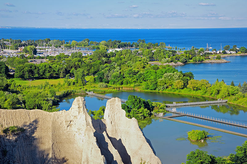 An aerial view of the Scarborough Bluffs in Scarborough Ontario.