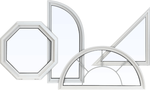 Multiple custom-shaped PVC replacement windows in different shapes and sizes.