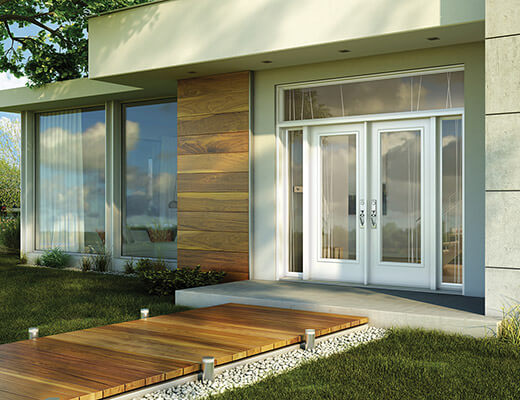 White residential door with extra large, full-glass transom and double full-glass sidelites