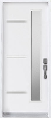 Door with asymmetrical modern glass insert