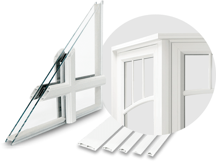 A cut-out of a replacement window with external grills and a zoomed in area to see the features and construction of the grills.