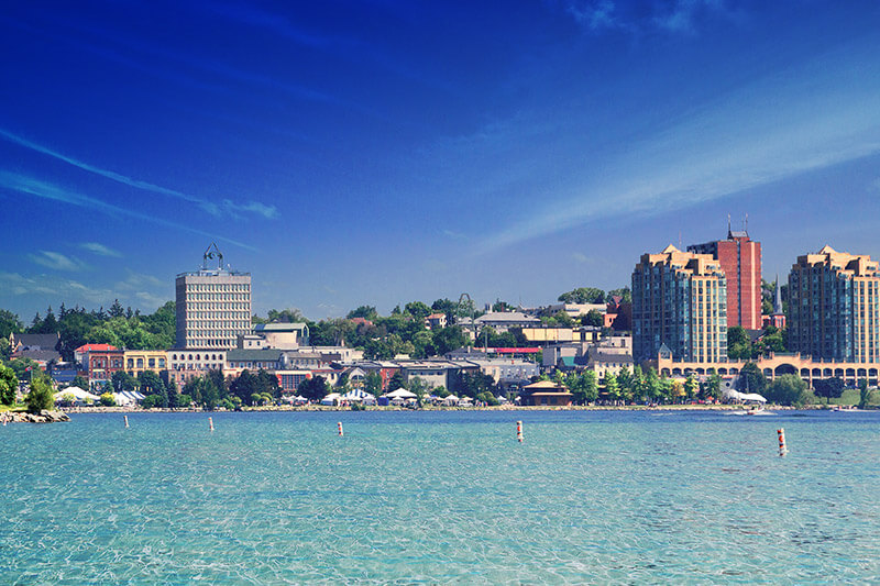 A view over water of Hamilton, Ontario.